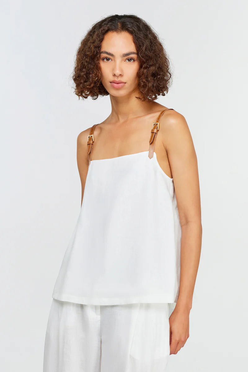 TOP BRANCO COM ALÇA CASTANHA COURO SEMICOUTURE