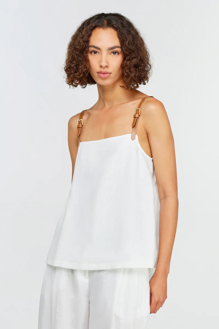 TOP BRANCO COM ALÇA CASTANHA COURO SEMICOUTURE