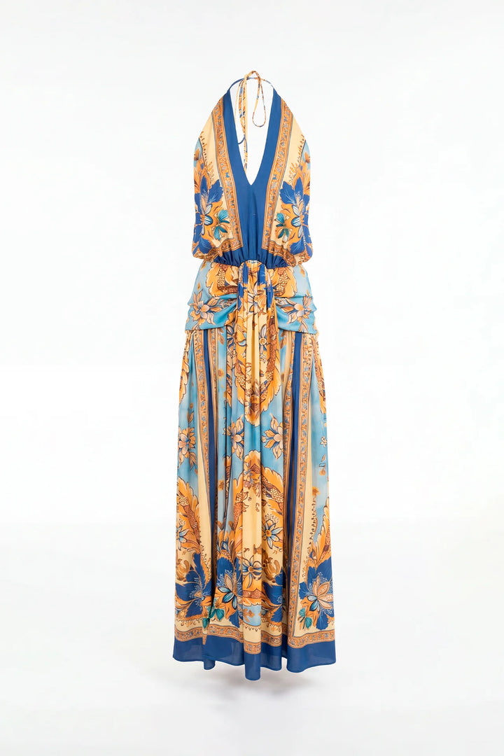 VESTIDO COM DECOTE HALTER ESTAMPADO SAHOCO