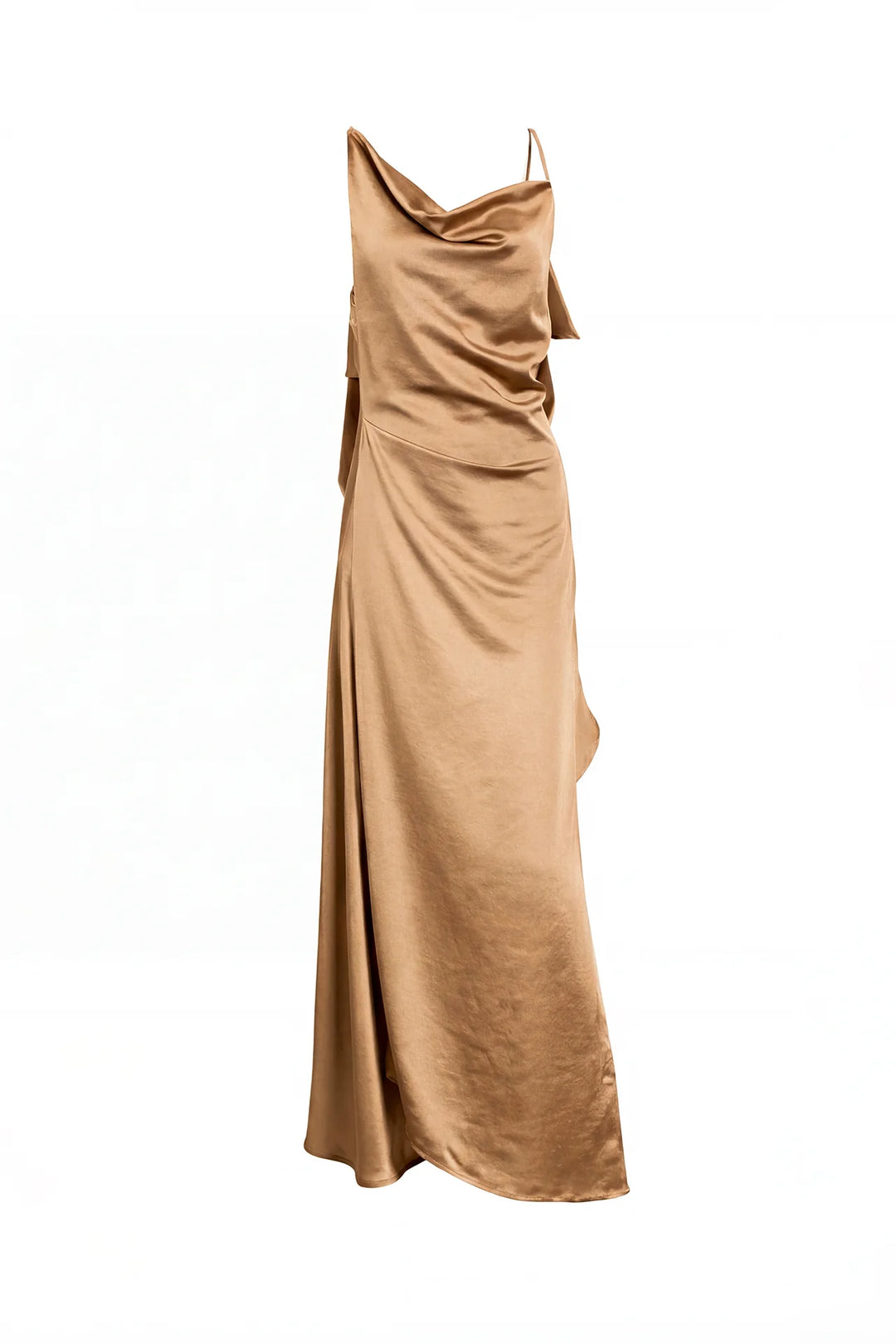 VESTIDO BEGE ACETINADO COM ABA NA COSTA SAHOCO