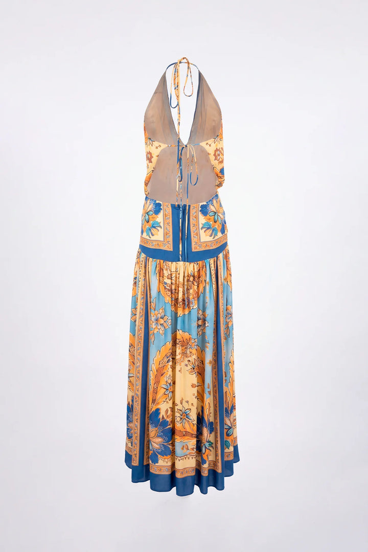 VESTIDO COM DECOTE HALTER ESTAMPADO SAHOCO