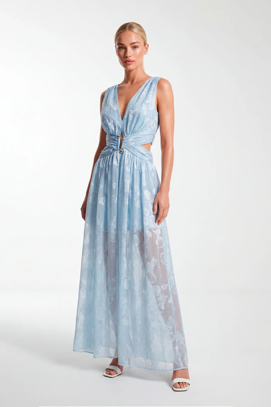 VESTIDO COM DECOTE EM V E RECORTES LATERAIS SAHOCO