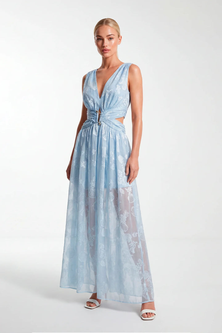 VESTIDO COM DECOTE EM V E RECORTES LATERAIS SAHOCO