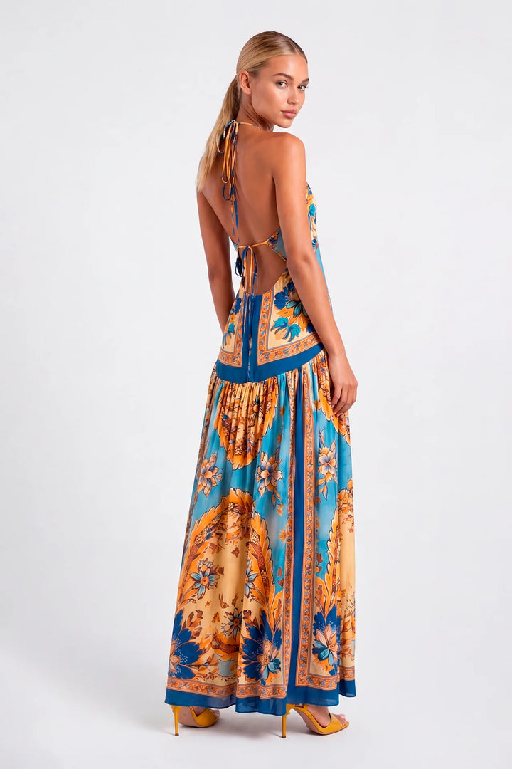 VESTIDO COM DECOTE HALTER ESTAMPADO SAHOCO