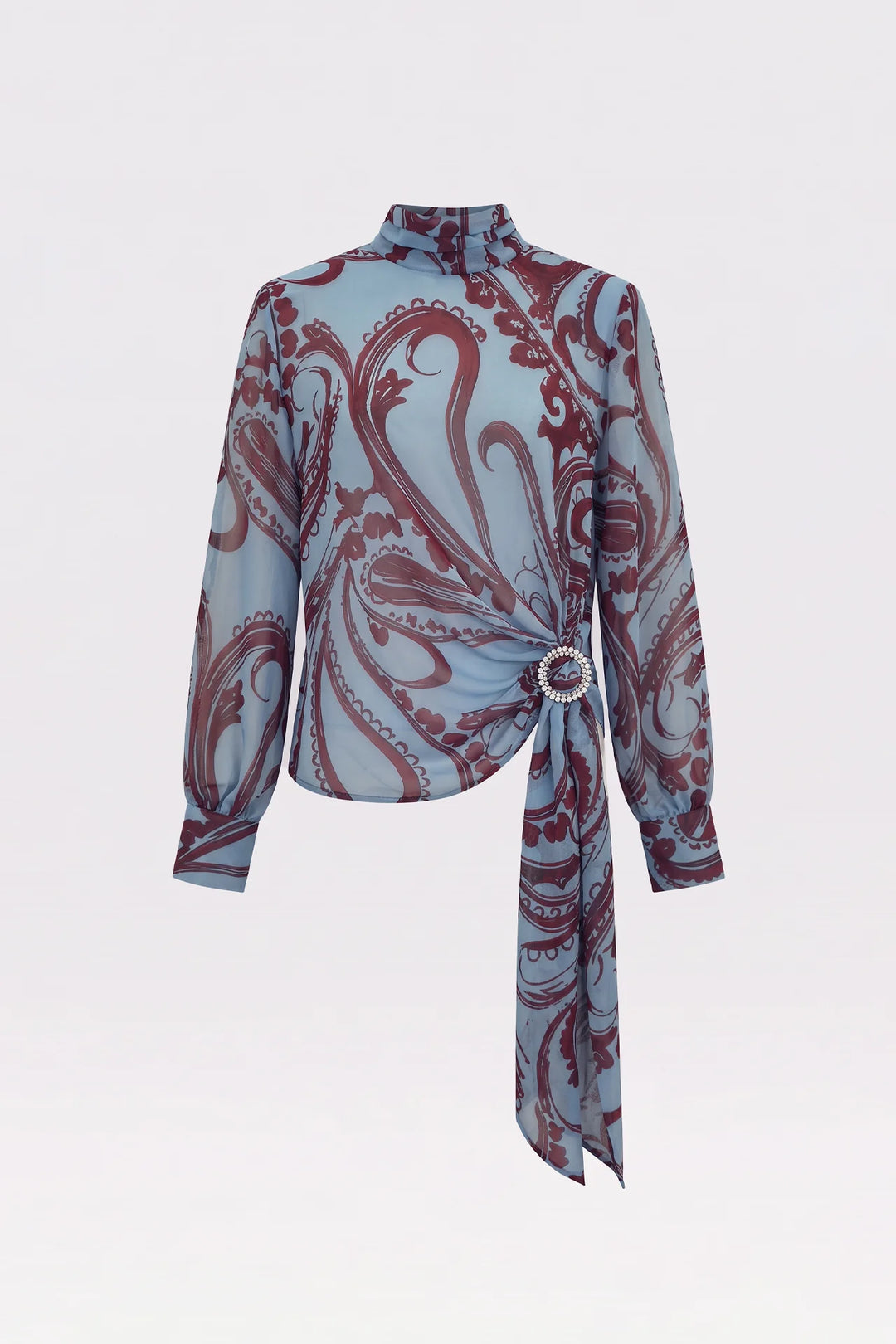 BLUSA AZUL COM ESTAMPADO BORDÔ E DRAPEADO LATERAL SAHOCO