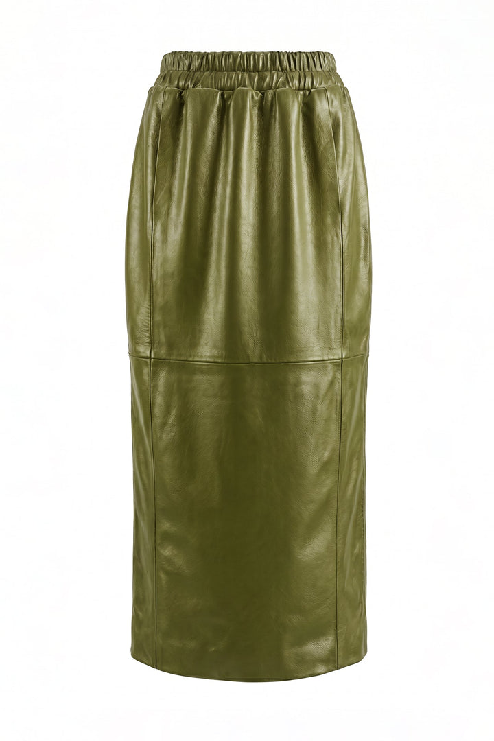 Saia midi verde abacate em pele com fecho dourado Sahoco