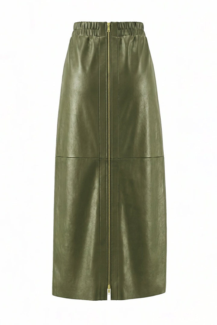 Saia midi verde abacate em pele com fecho dourado Sahoco