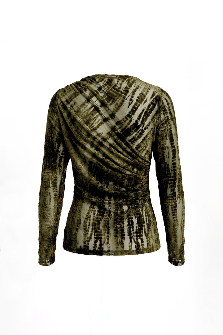 CAMISOLA VERDE EM TULE COM VELUDO TEXTURADO E DRAPEADO SAHOCO