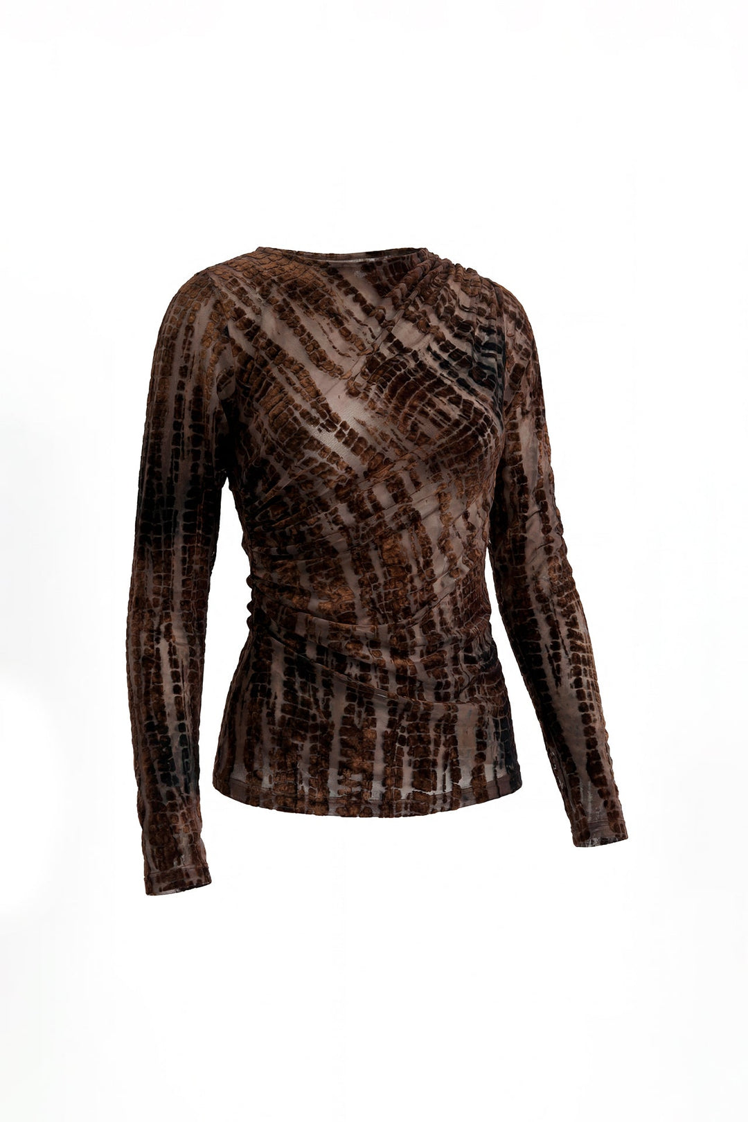 CAMISOLA CASTANHA EM TULE COM VELUDO TEXTURADO E DRAPEADO SAHOCO