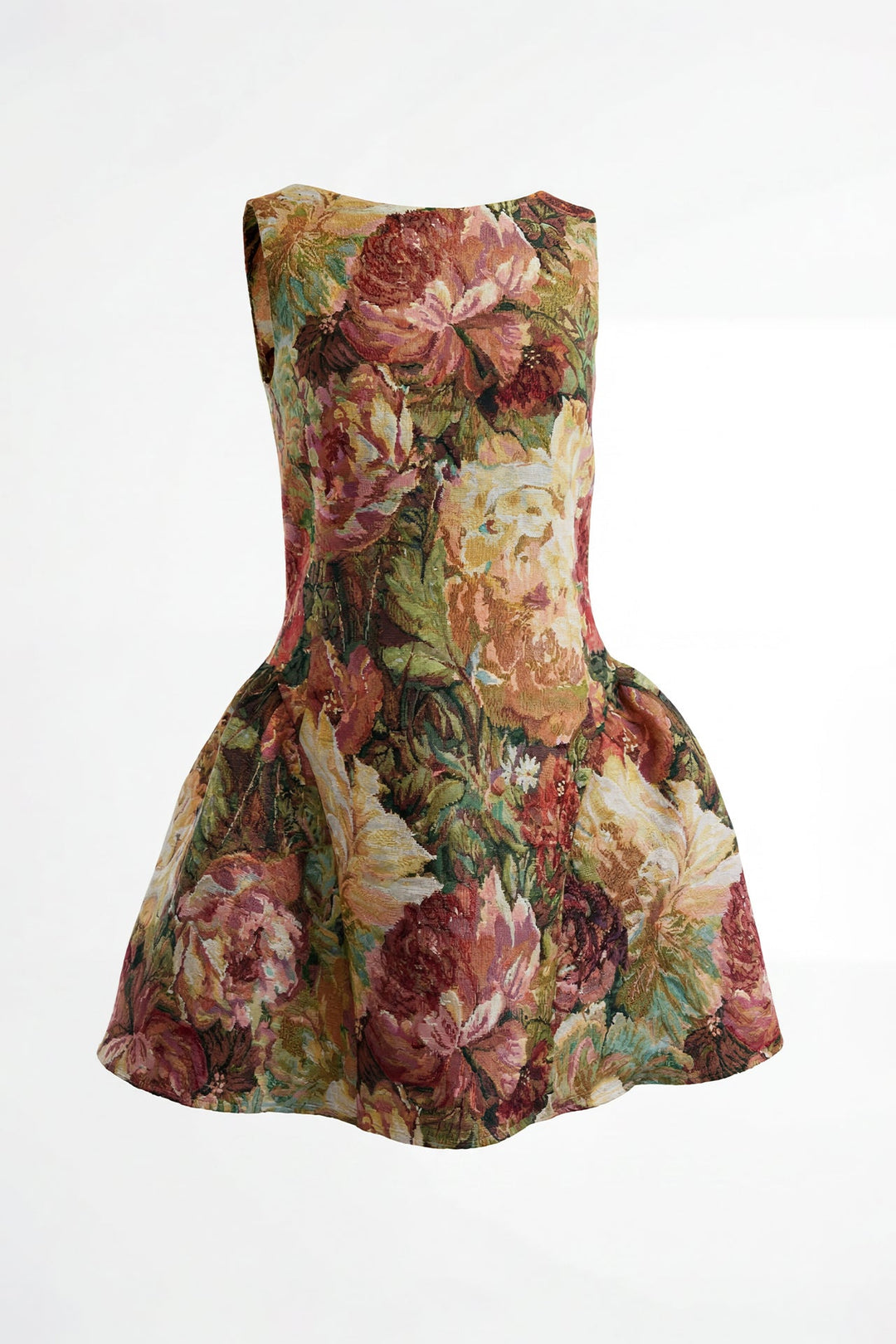 VESTIDO CURTO VERMELHO EM JACQUARD FLORAL COM SAIA TULIPA SAHOCO