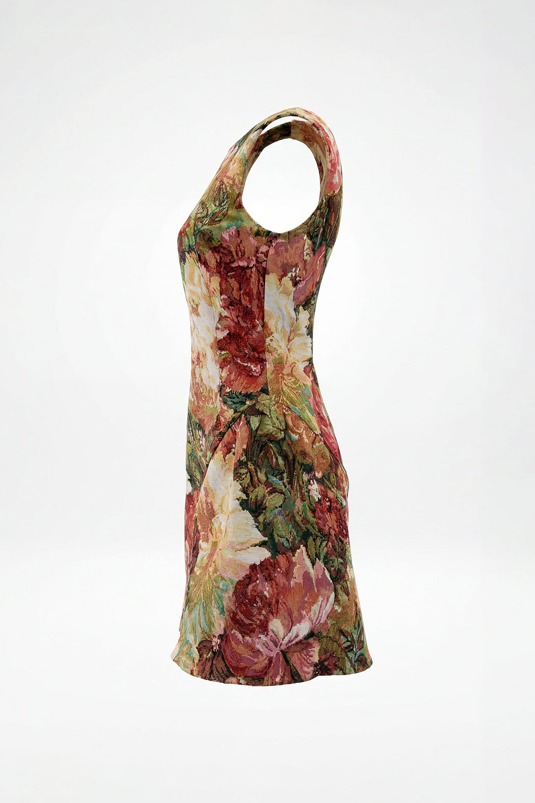 VESTIDO CURTO VERMELHO EM JACQUARD FLORAL COM SAIA TULIPA SAHOCO