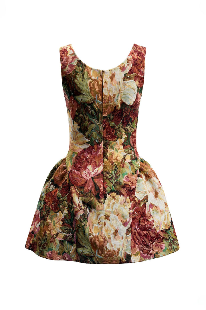 VESTIDO CURTO VERMELHO EM JACQUARD FLORAL COM SAIA TULIPA SAHOCO