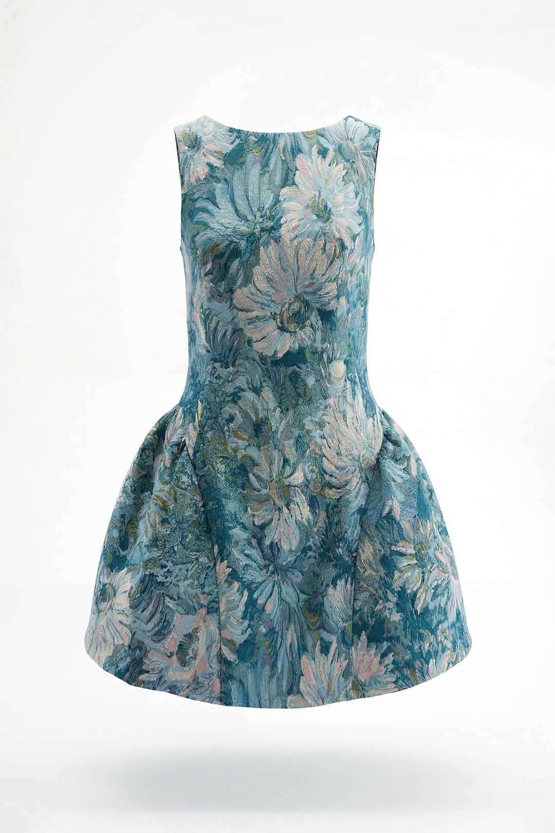 VESTIDO CURTO AZUL EM JACQUARD FLORAL COM SAIA TULIPA SAHOCO