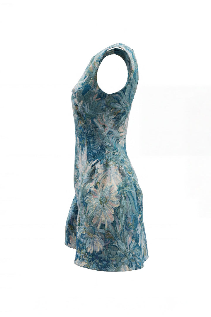 VESTIDO CURTO AZUL EM JACQUARD FLORAL COM SAIA TULIPA SAHOCO