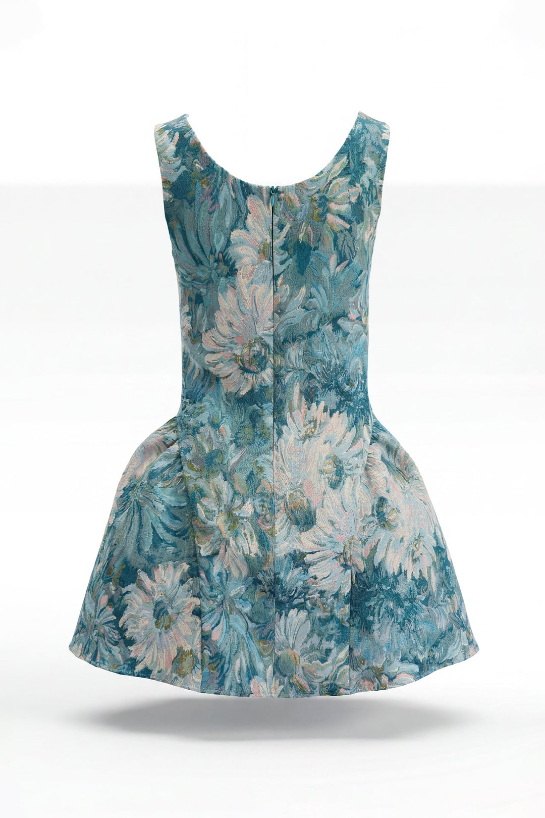 VESTIDO CURTO AZUL EM JACQUARD FLORAL COM SAIA TULIPA SAHOCO