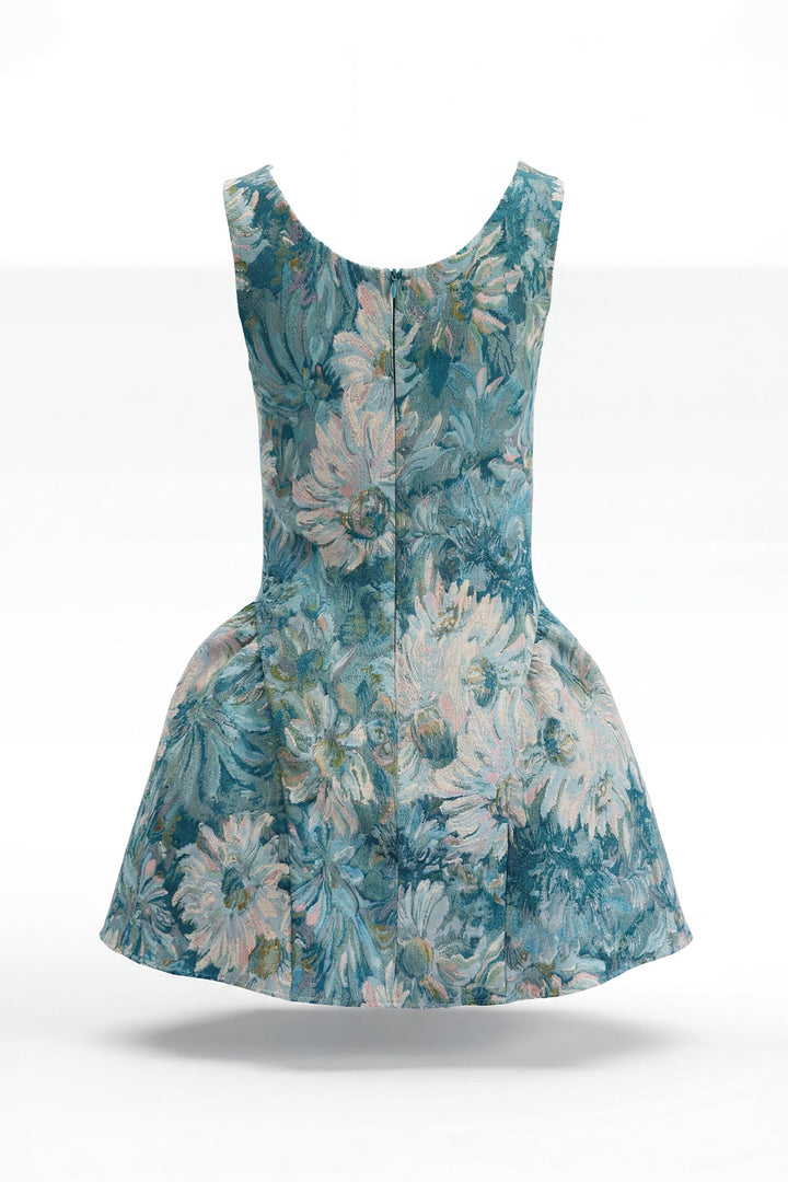 VESTIDO CURTO AZUL EM JACQUARD FLORAL COM SAIA TULIPA SAHOCO