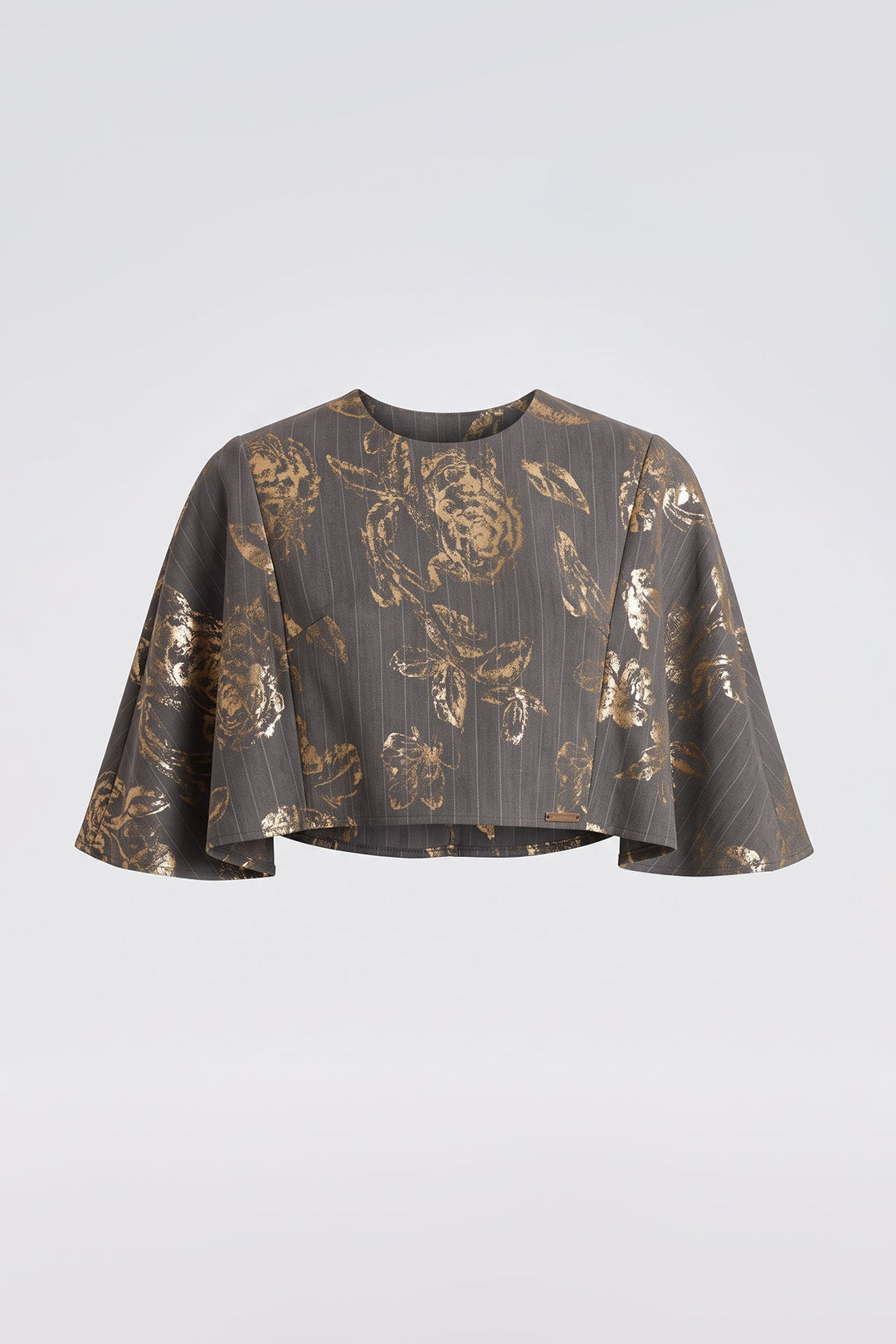 TOP CASTANHO ÀS RISCAS COM ESTAMPADO FLORAL METALIZADO SAHOCO