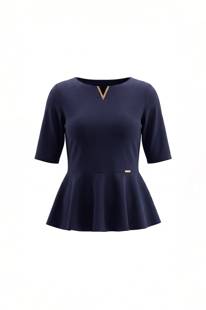 TOP AZUL COM FOLHO NA CINTURA E DETALHES METÁLICOS SAHOCO