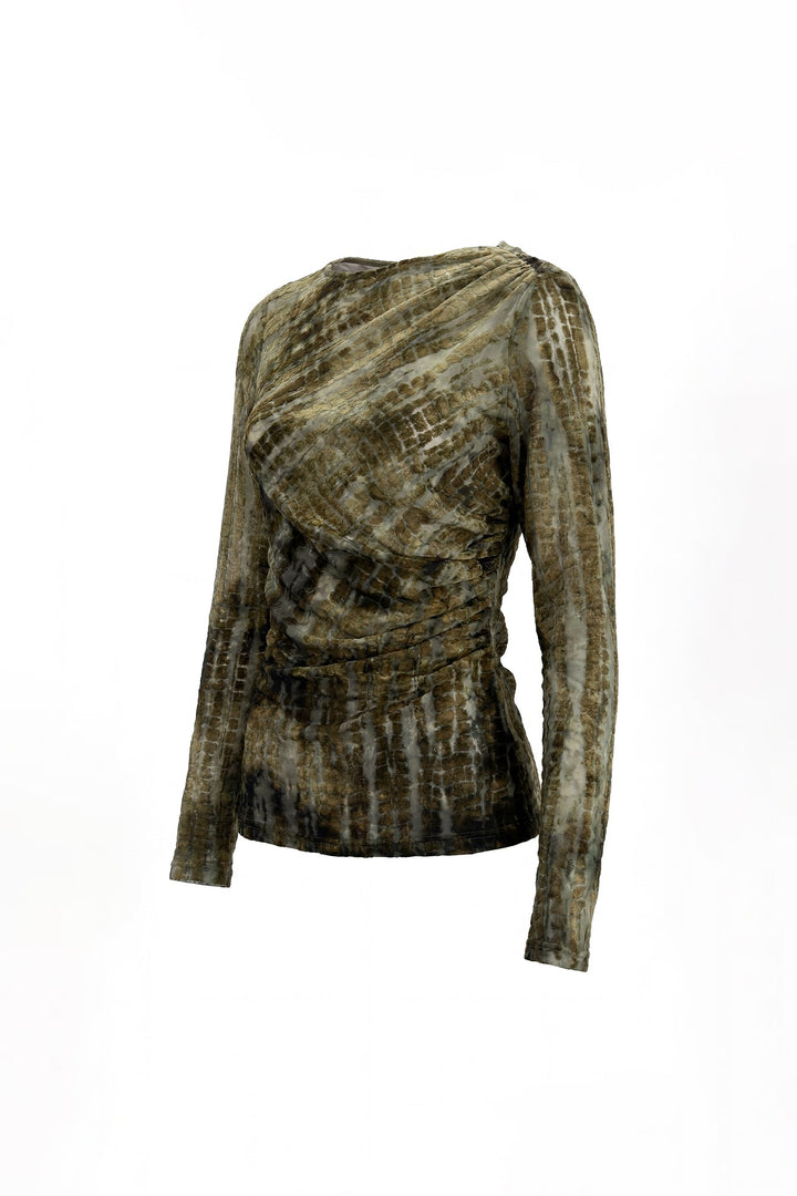 CAMISOLA VERDE EM TULE COM VELUDO TEXTURADO E DRAPEADO SAHOCO