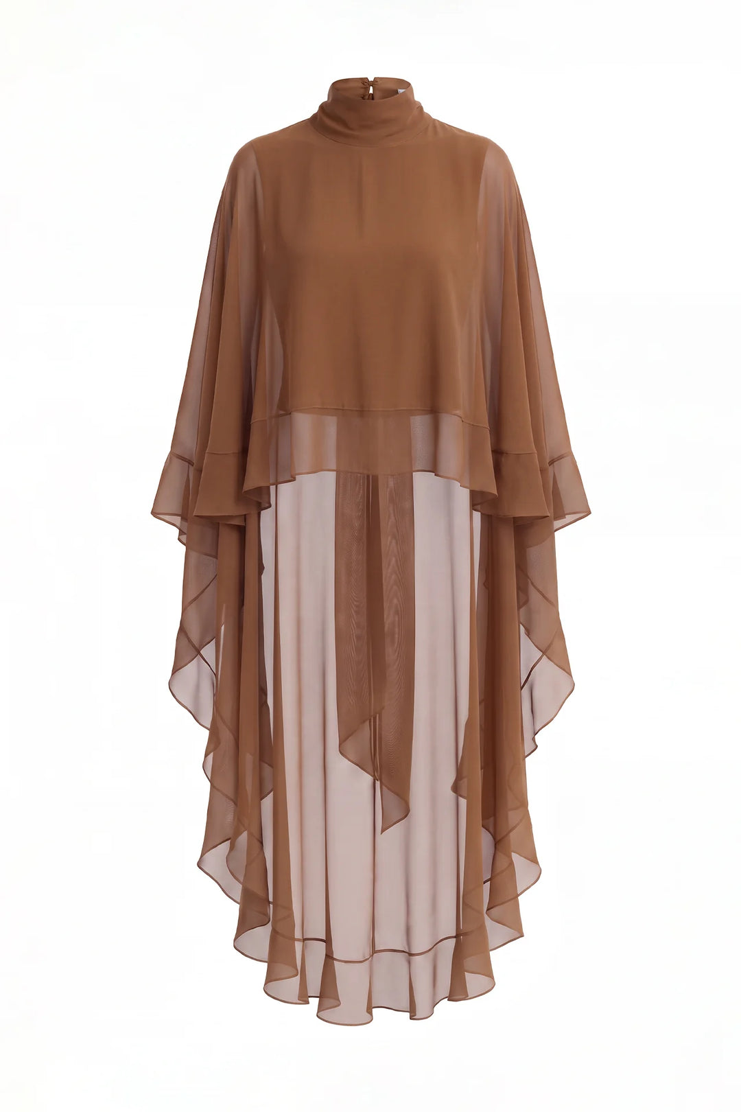 BLUSA CAPA CAMEL ASSIMÉTRICA COM GOLA ALTA SAHOCO
