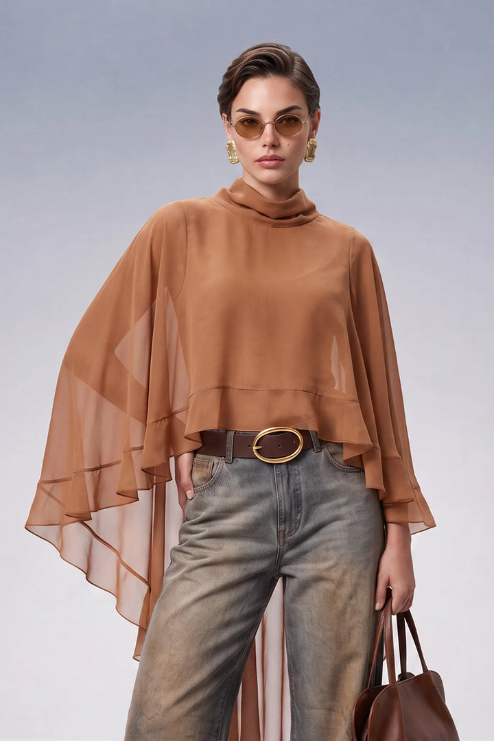 BLUSA CAPA CAMEL ASSIMÉTRICA COM GOLA ALTA SAHOCO