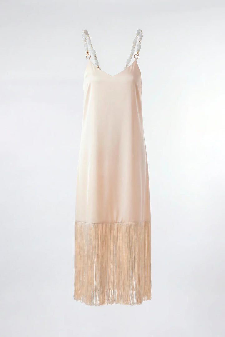 VESTIDO ACETINADO BEGE COM ALÇAS DE PÉROLAS SAHOCO