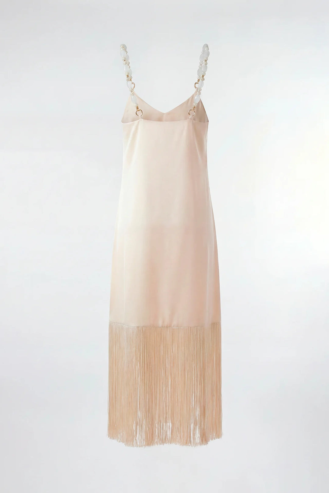 VESTIDO ACETINADO BEGE COM ALÇAS DE PÉROLAS SAHOCO