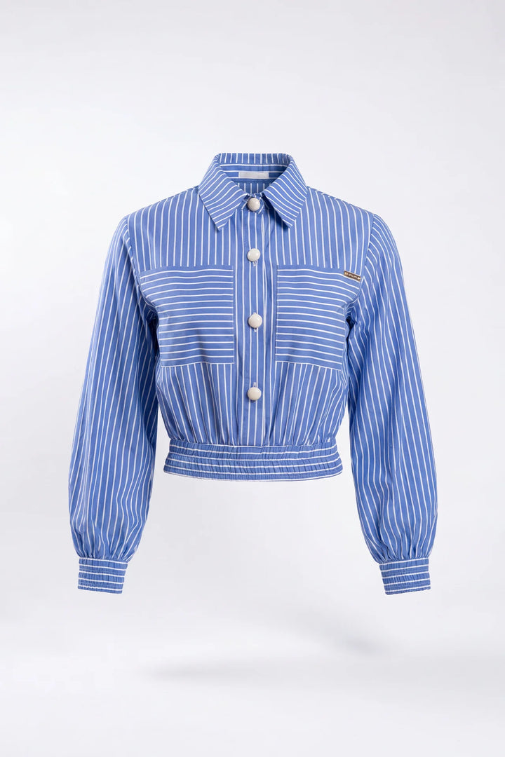 CAMISA AZUL ÀS RISCAS COM CINTURA FRANZIDA SAHOCO