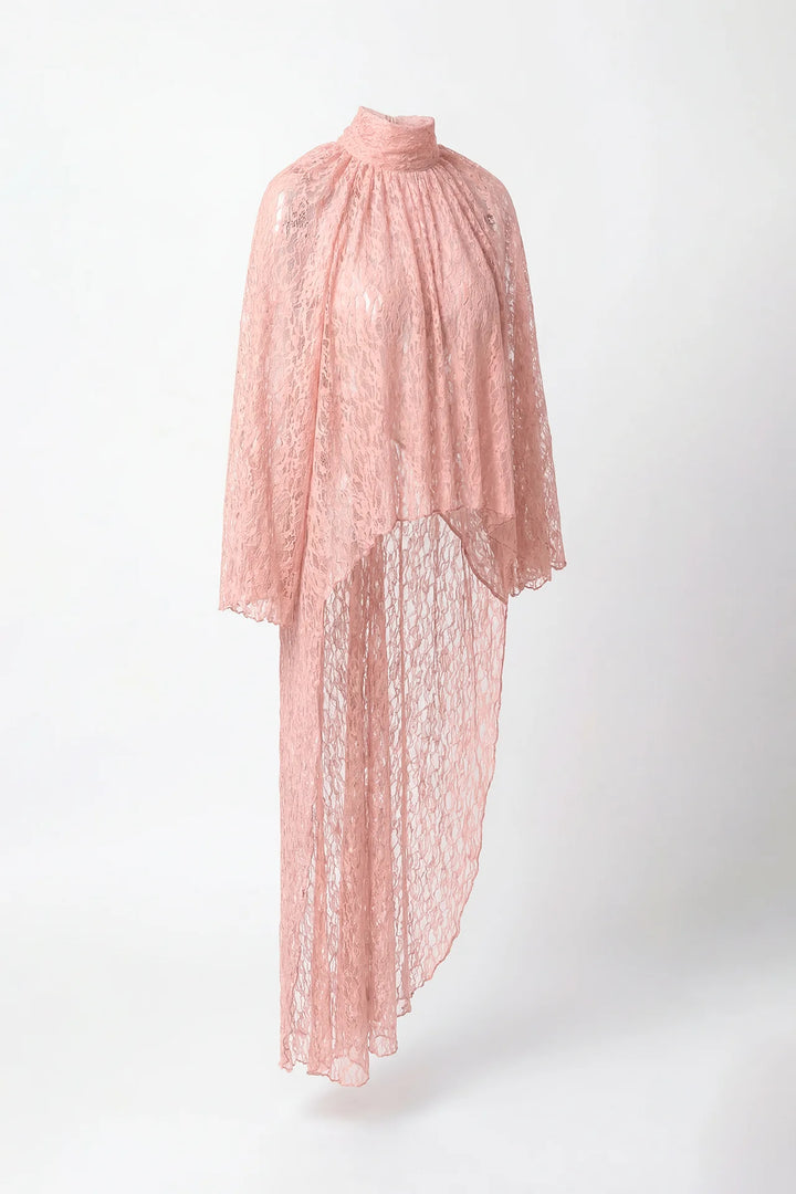 TÚNICA ROSA SEMITRANSPARENTE EM RENDA SAHOCO