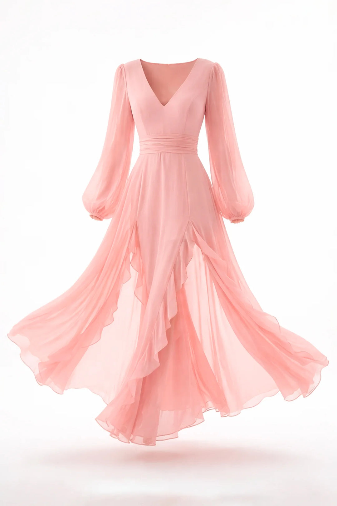 VESTIDO COMPRIDO ROSA COM FOLHOS E MANGA ABALONADA SAHOCO