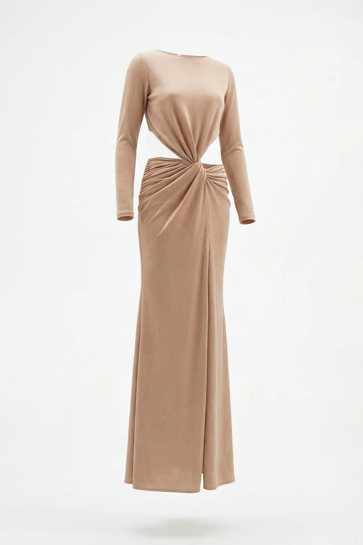 VESTIDO CAMEL COM DRAPEADO E NÓ FRONTAL SAHOCO