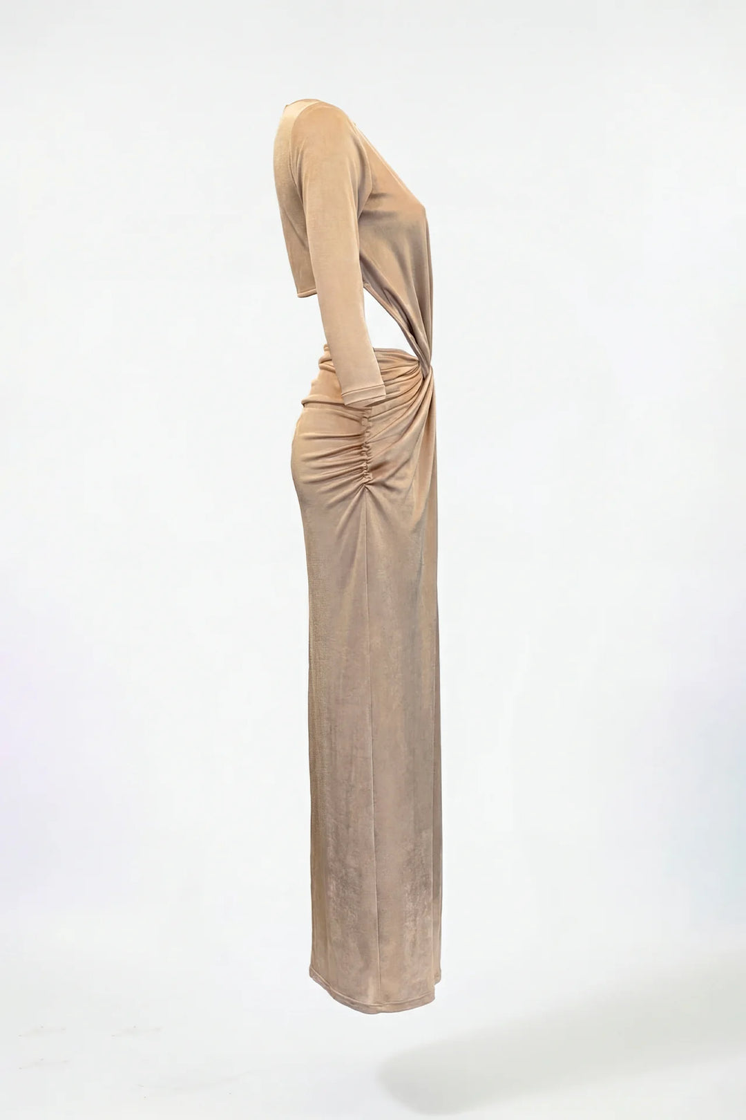 VESTIDO CAMEL COM DRAPEADO E NÓ FRONTAL SAHOCO