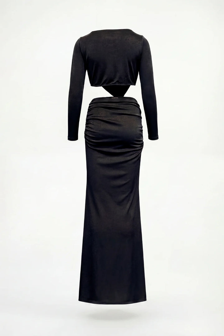 VESTIDO PRETO COM DRAPEADO COM NÓ FRONTAL SAHOCO