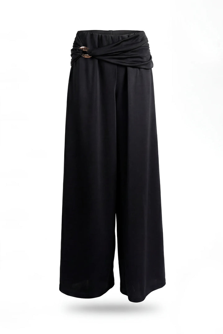 CALÇA PRETA COM DRAPEADO E PORMENOR DOURADO SAHOCO