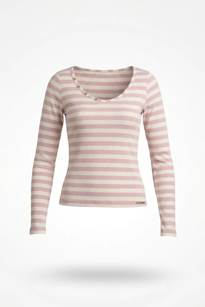 CAMISOLA DE MALHA CANELADA ÀS RISCAS ROSA SAHOCO