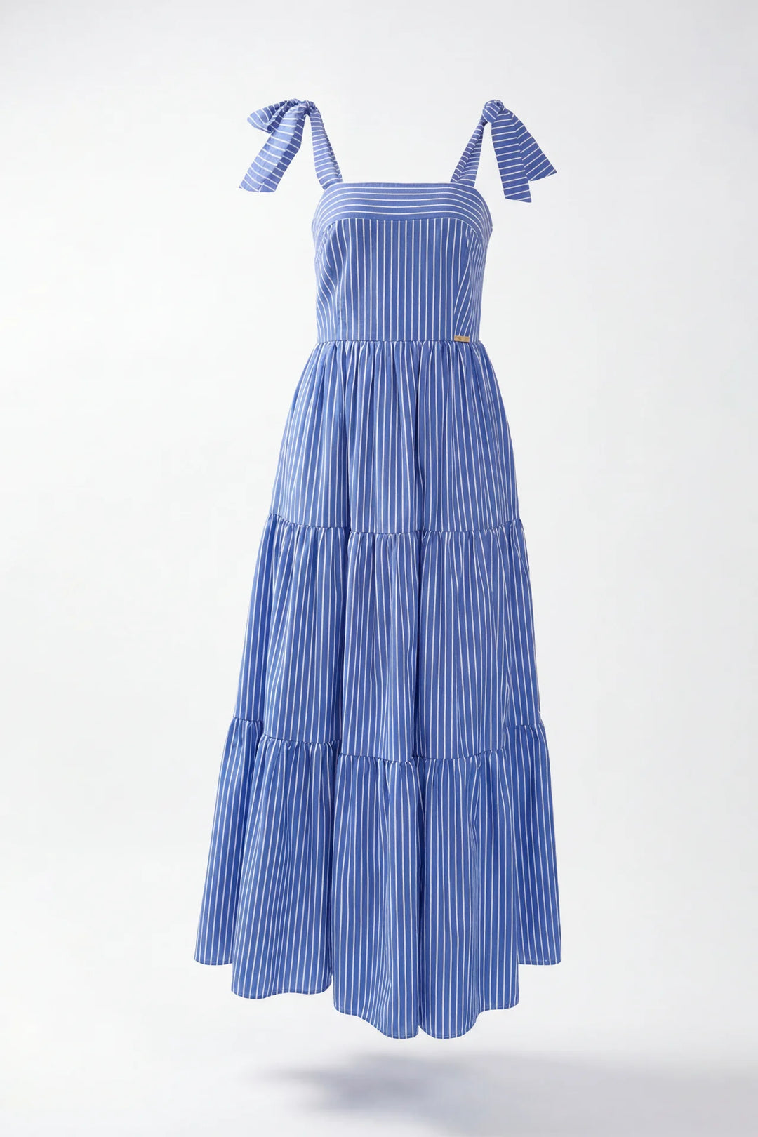 VESTIDO COMPRIDO AZUL ÀS RISCAS COM FOLHOS SAHOCO