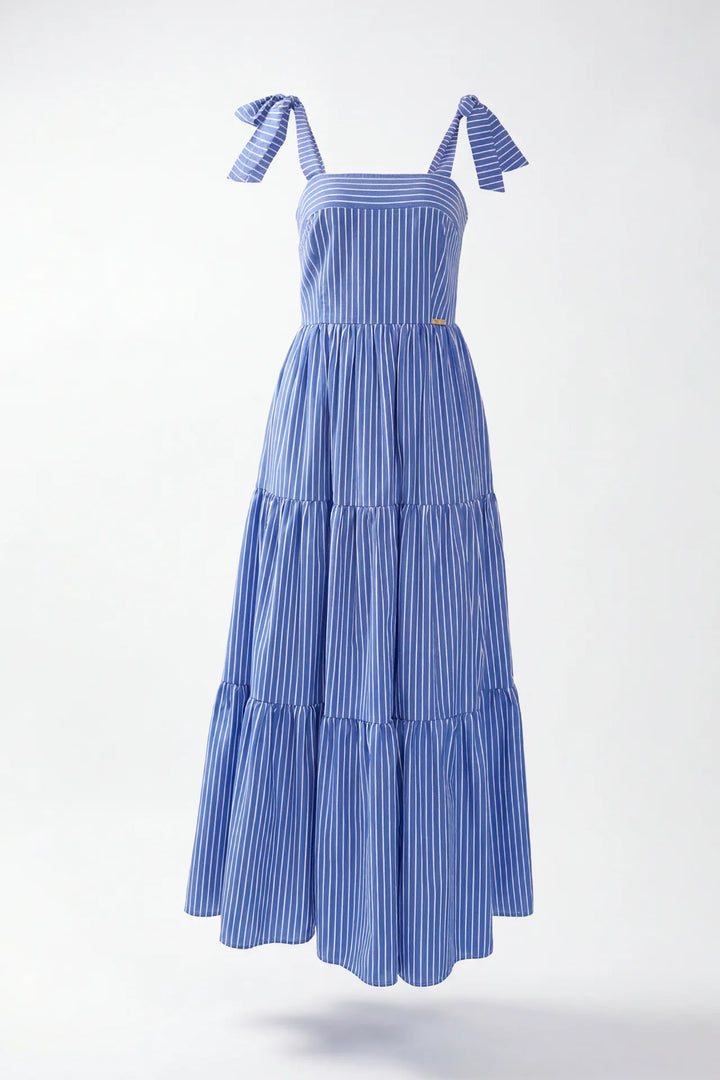 VESTIDO COMPRIDO AZUL ÀS RISCAS COM FOLHOS SAHOCO