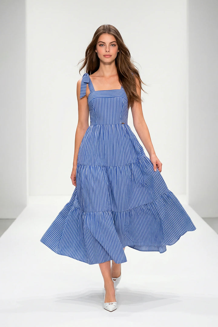 VESTIDO COMPRIDO AZUL ÀS RISCAS COM FOLHOS SAHOCO