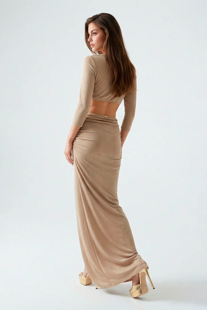 VESTIDO CAMEL COM DRAPEADO E NÓ FRONTAL SAHOCO