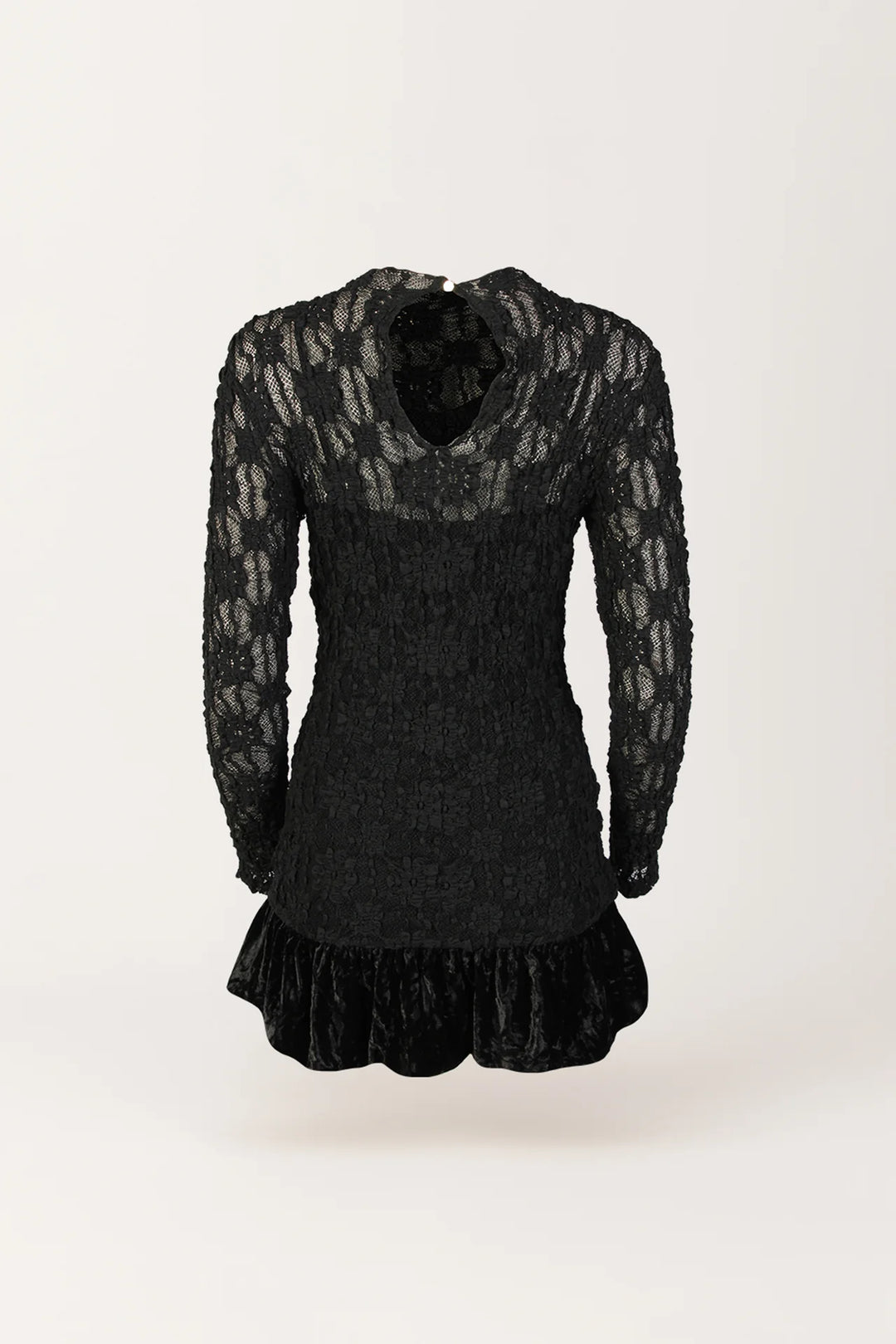 VESTIDO CURTO EM RENDA COM FOLHO EM VELUDO SAHOCO