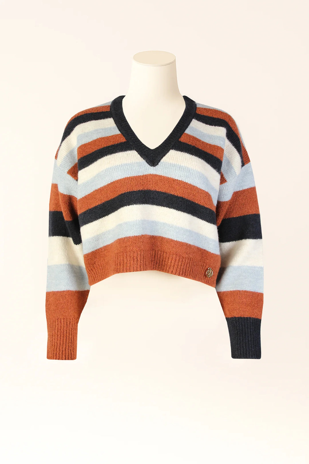 CAMISOLA CROPPED ÀS RISCAS MARINHO E CAMEL SAHOCO