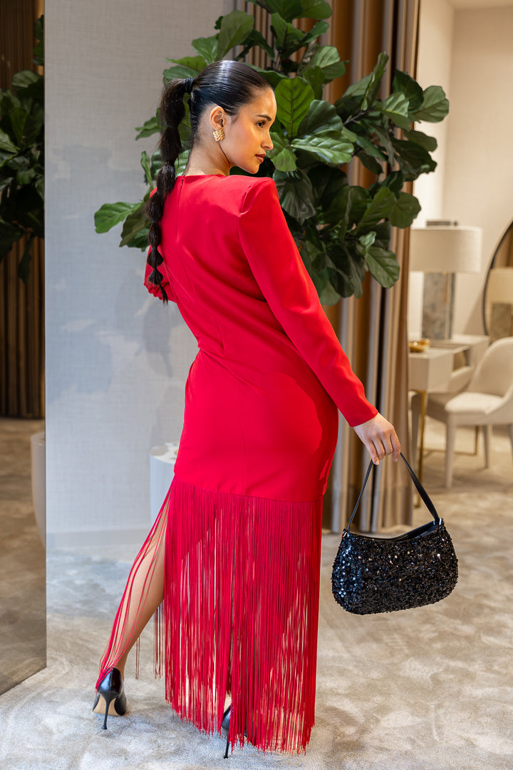 VESTIDO VERMELHO MIDI COM FRANJAS PONTO CHIC