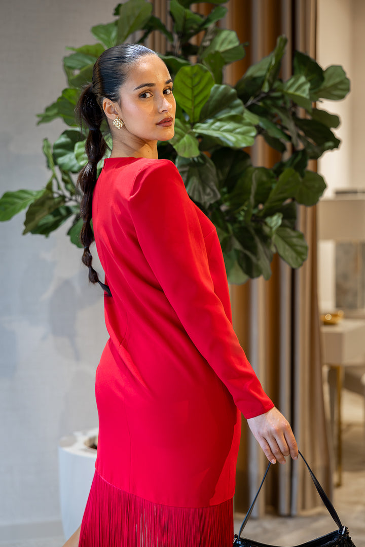 VESTIDO VERMELHO MIDI COM FRANJAS PONTO CHIC