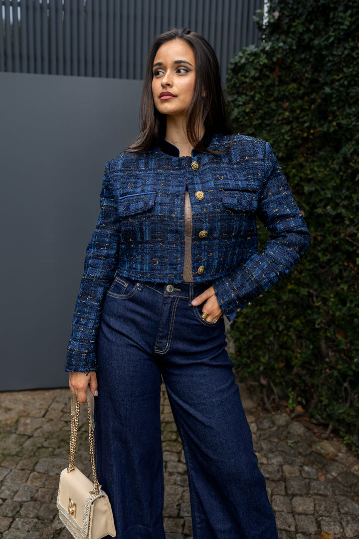 CASACO CURTO TWEED AZUL E CASTANHO PONTO CHIC