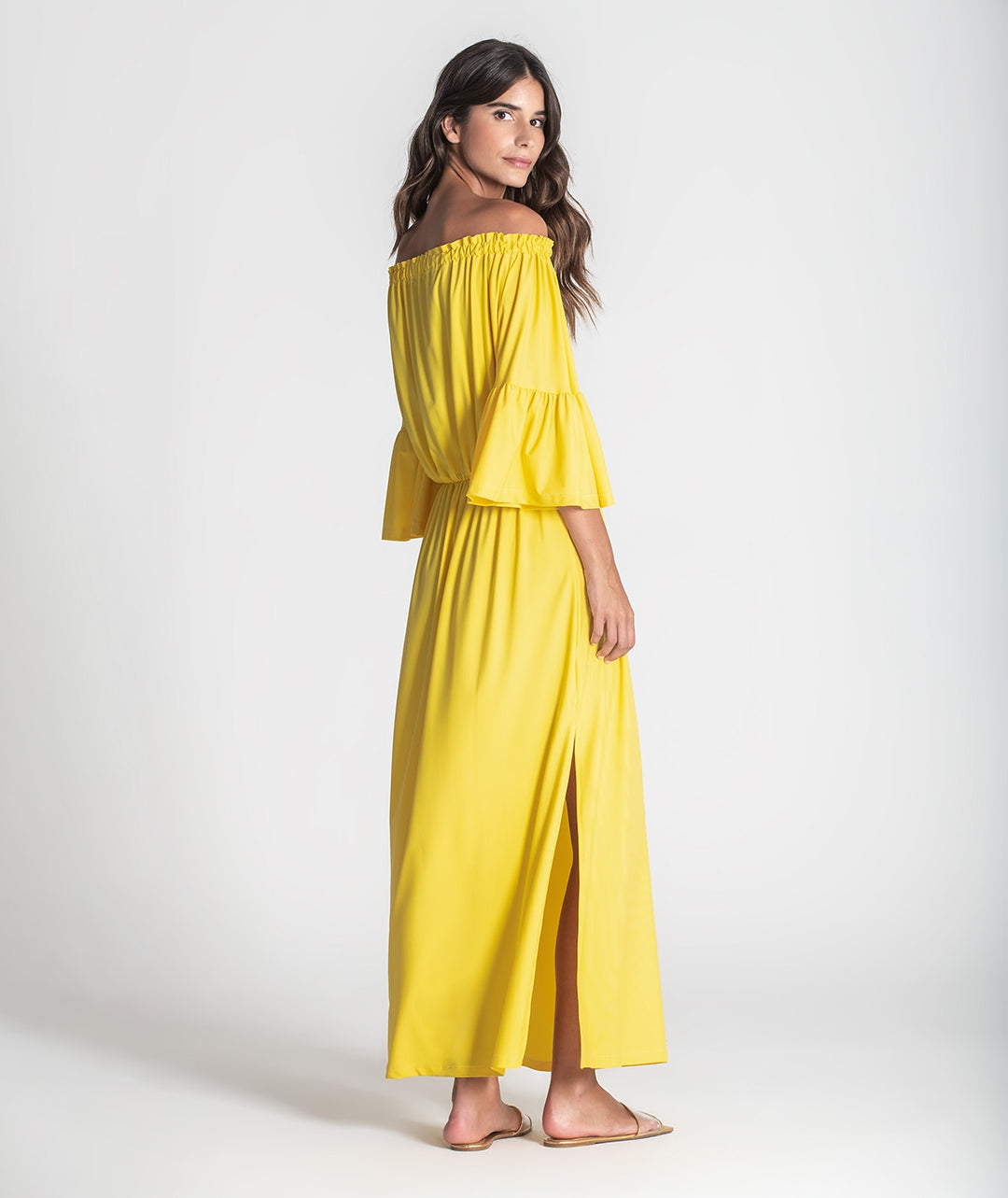 VESTIDO AMARELO SEM OMBROS RUGA