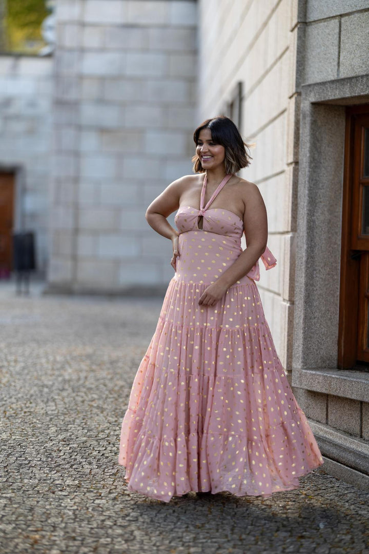 VESTIDO ROSA COM ESTAMPA METALIZADA LANÇA PERFUME