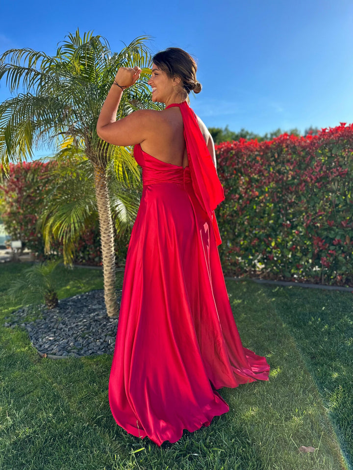 VESTIDO LONGO VERMELHO ACETINADO HALTER COM ATADO NO PESCOÇO PONTO CHIC