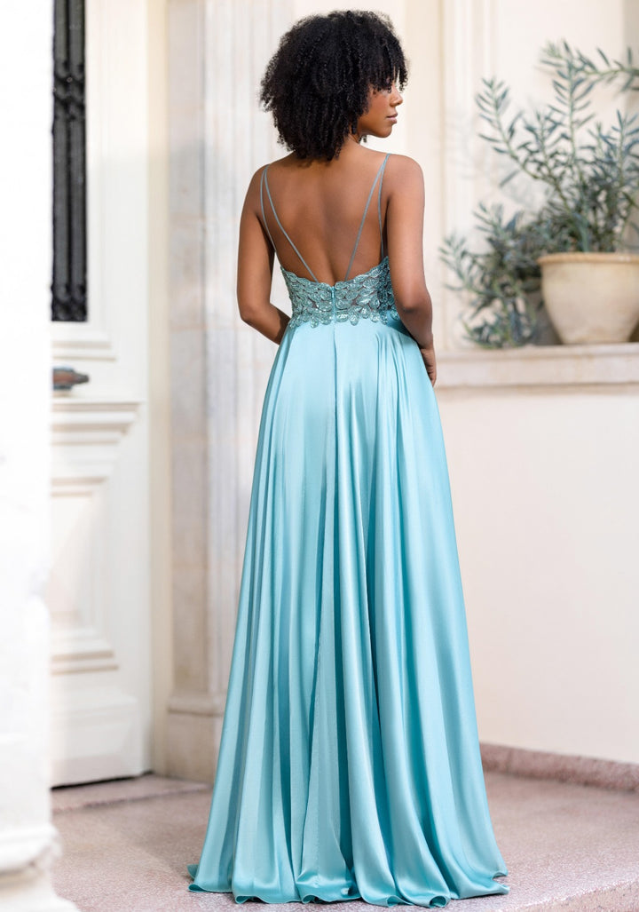 VESTIDO LONGO AZUL COM CORPETE TRABALHADO E RACHA PONTO CHIC
