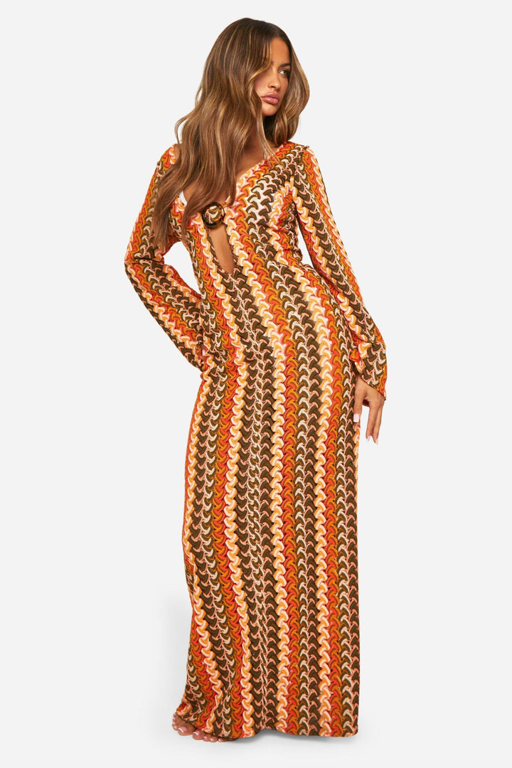 VESTIDO MAXI DE CROCHÊ LARANJA LISTRADA PONTO CHIC