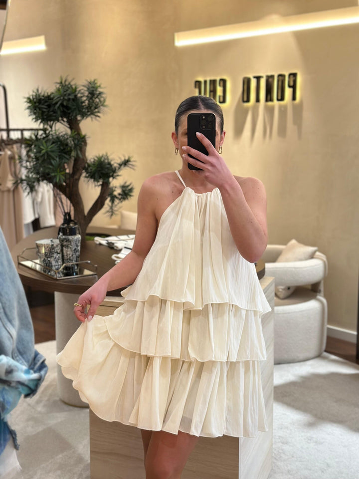VESTIDO CURTO BEGE COM FOLHOS ELEH